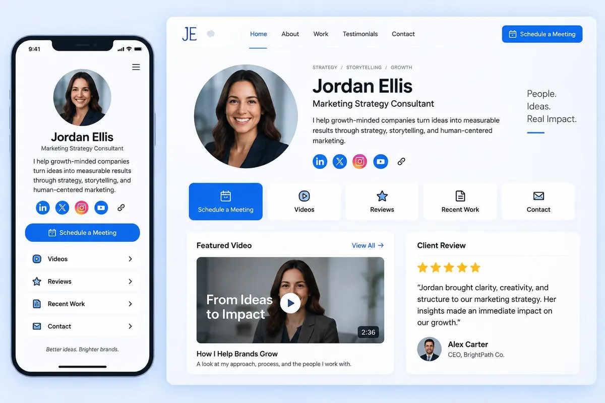 Example Upward Bio/Profile Page on phone and desktop with photo, bio, social links, Schedule a Meeting, Videos, Reviews and Recent Work buttons