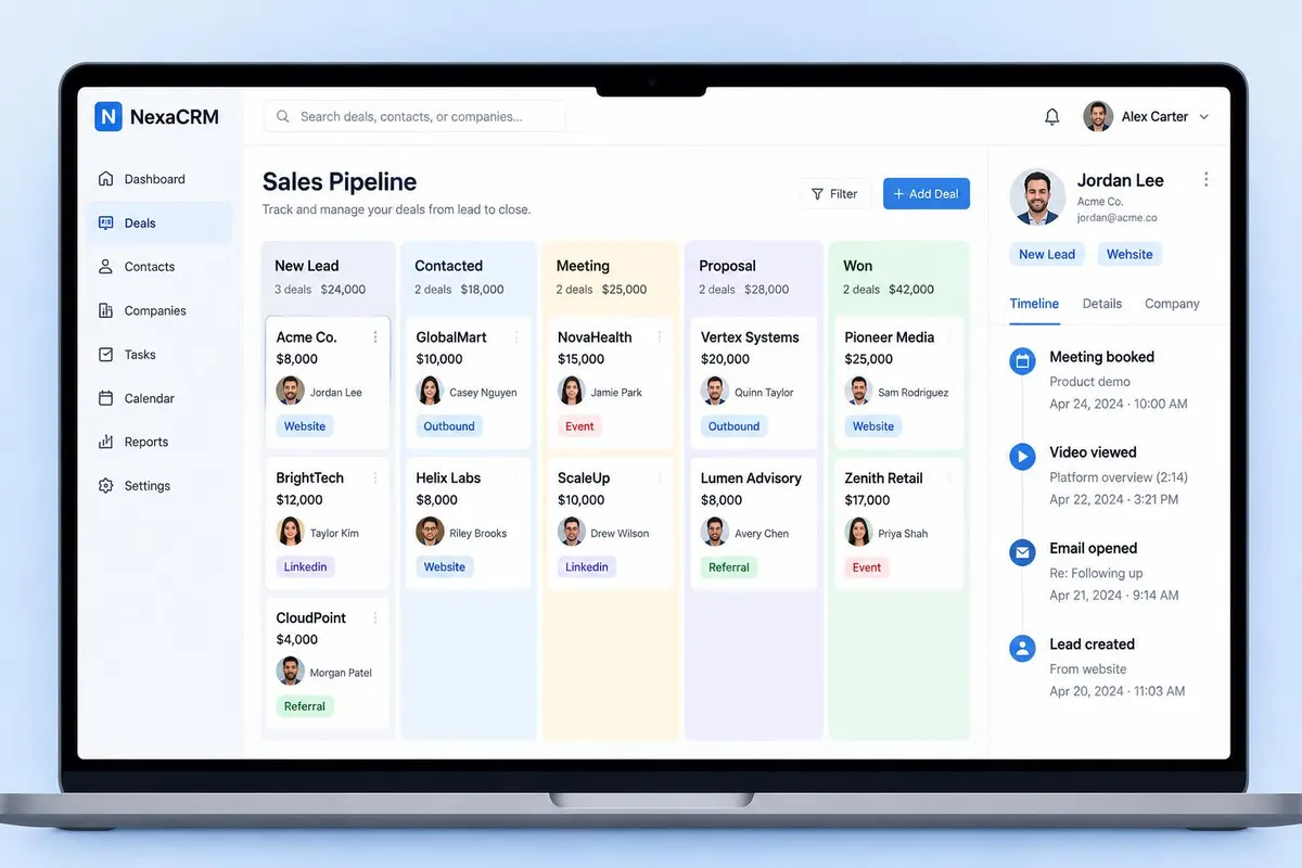 Example CRM sales pipeline with deal stages, lead sources and a contact activity timeline