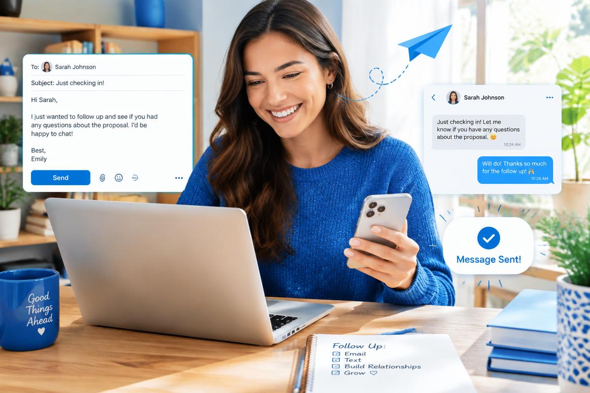 Woman sending a personalized follow-up email and text message