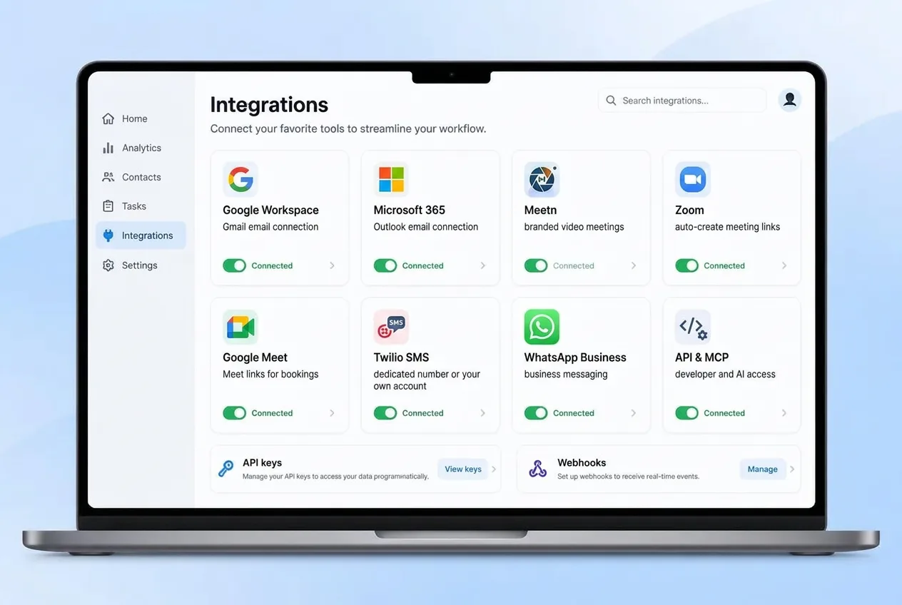 Example Upward Integrations dashboard with connected calendar, video meetings, email, payments, CRM, storage, e-commerce and API tiles