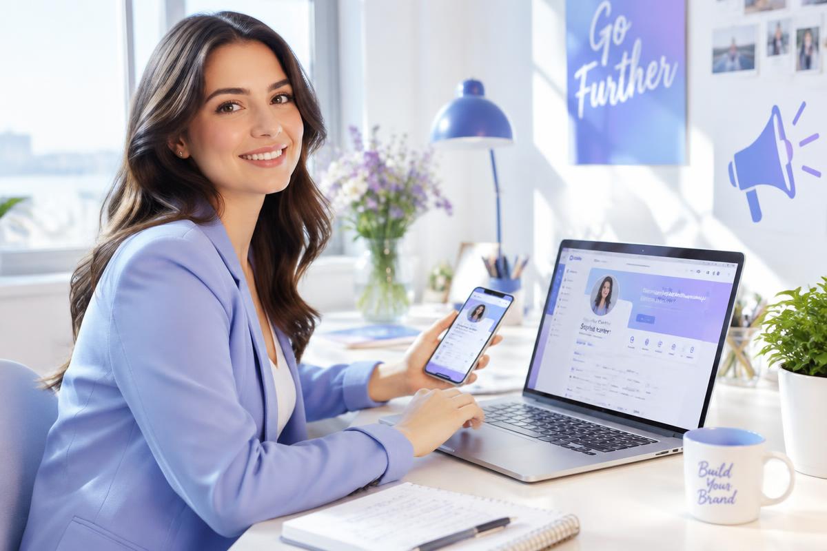 Professional building her Upward Bio/Profile Page on laptop and phone