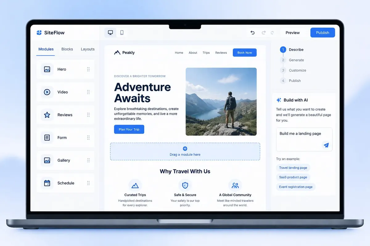 Example page builder with reusable modules, page canvas and AI build prompt