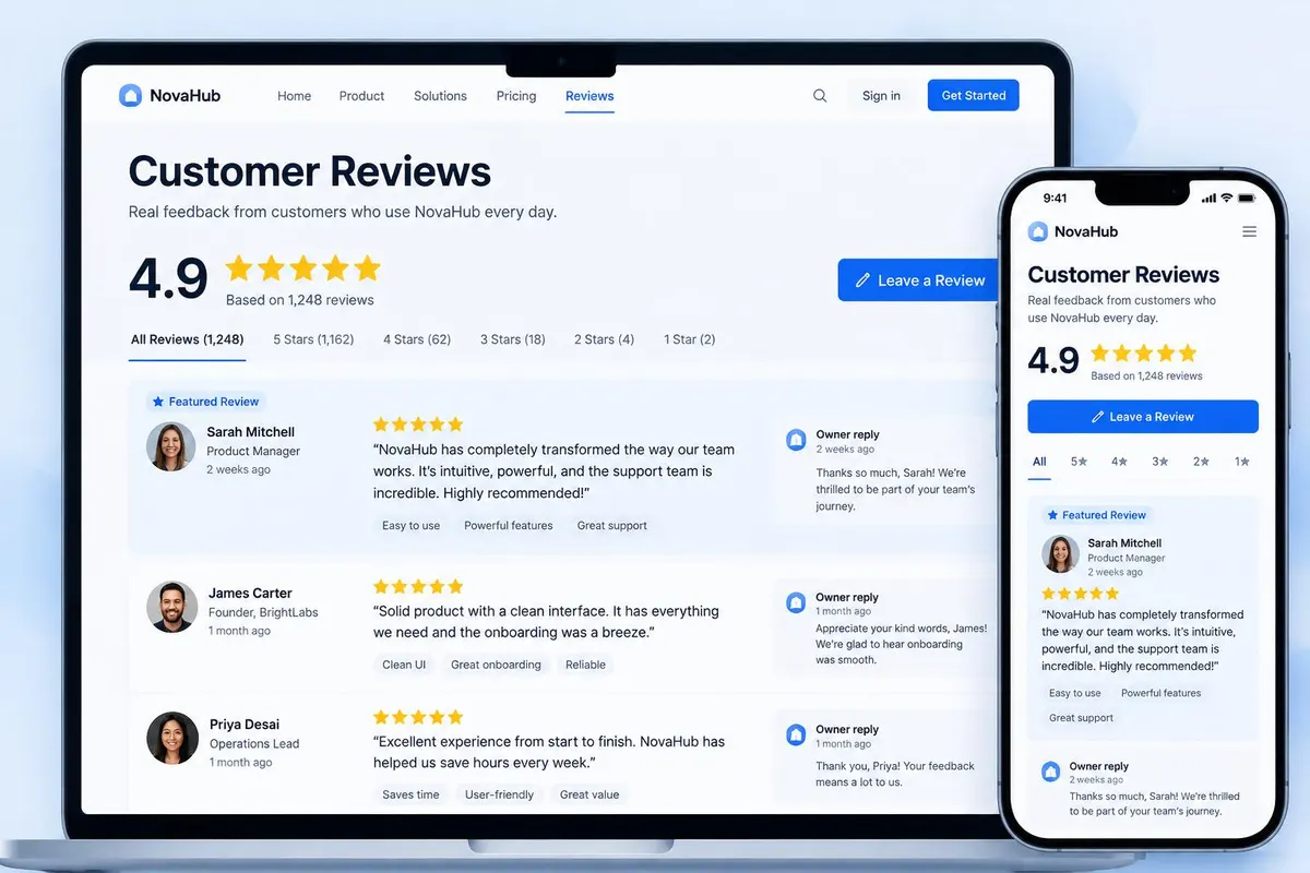 Example Review System page with star rating summary, featured review and owner replies