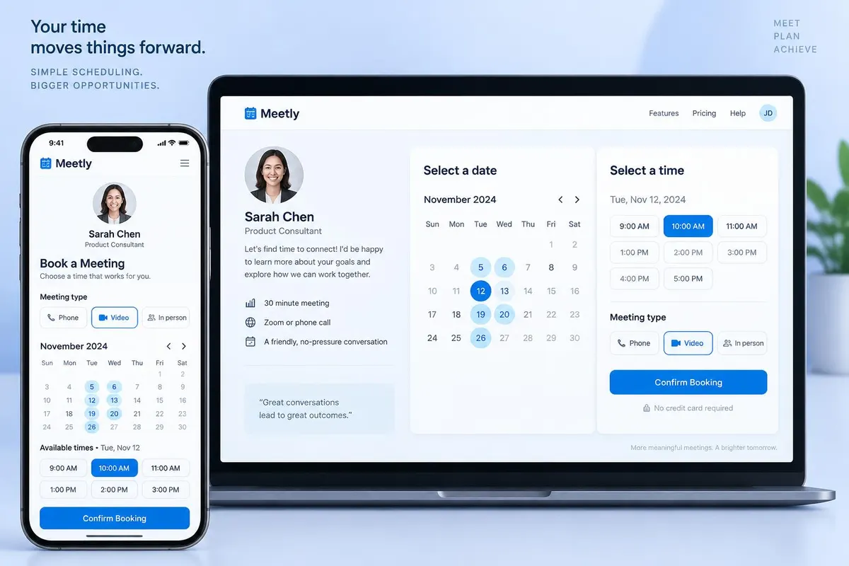 Example booking page with calendar, available time slots and meeting type options