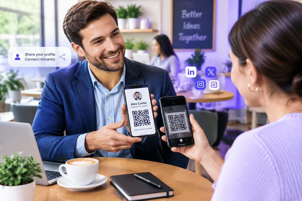 Businessman sharing his profile by QR code with a client