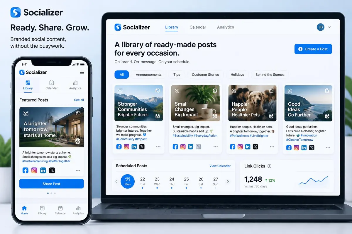 Example Socializer library of ready-made branded social posts with share buttons and link clicks