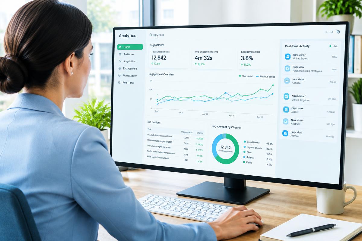Analytics dashboard showing real-time engagement and visitor activity