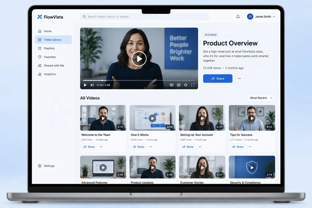 Example Upward video library with a featured video player and a grid of shareable business videos