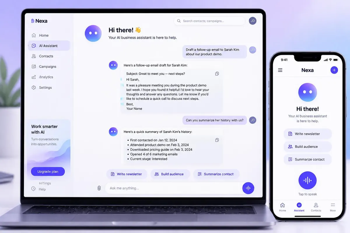 Example Vutesa AI Business Assistant drafting a follow-up email and summarizing a contact's history